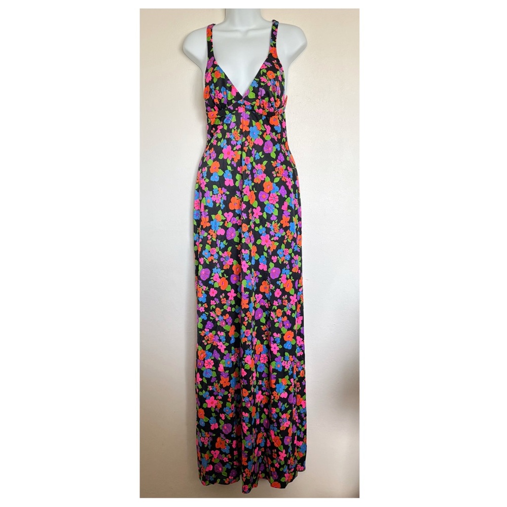 eStewart USA Vintage Floral Maxi Dress Size 14 Cross Back Swim Retro Vacation